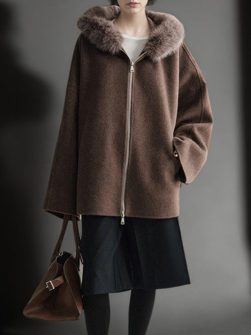 Wool Camel Hair Silk Detachable Fur Hood Cape - Women's Double-Faced Wool Coat