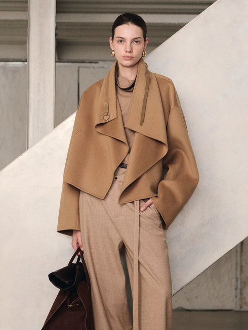 Women's Fine Wool Double-Faced Short Coat with Oversized Lapel – Relaxed Cocoon Silhouette with Leather-Trim Detail