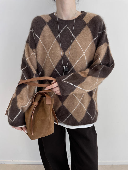 Women’s Wool Cashmere Argyle Knit Sweater | Loose Fit British Style Pullover for Fall Winter