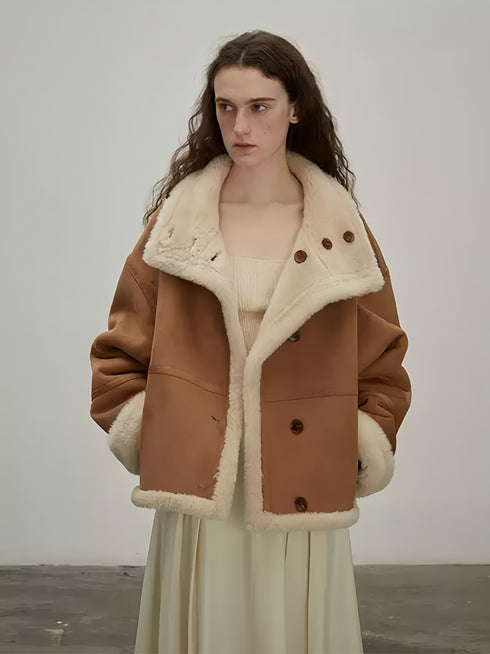 Reversible Moto Jacket for Women — Short Teddy Coat with New Zealand Sheepskin Shearling, Color-Block Suede & Premium PU Leather