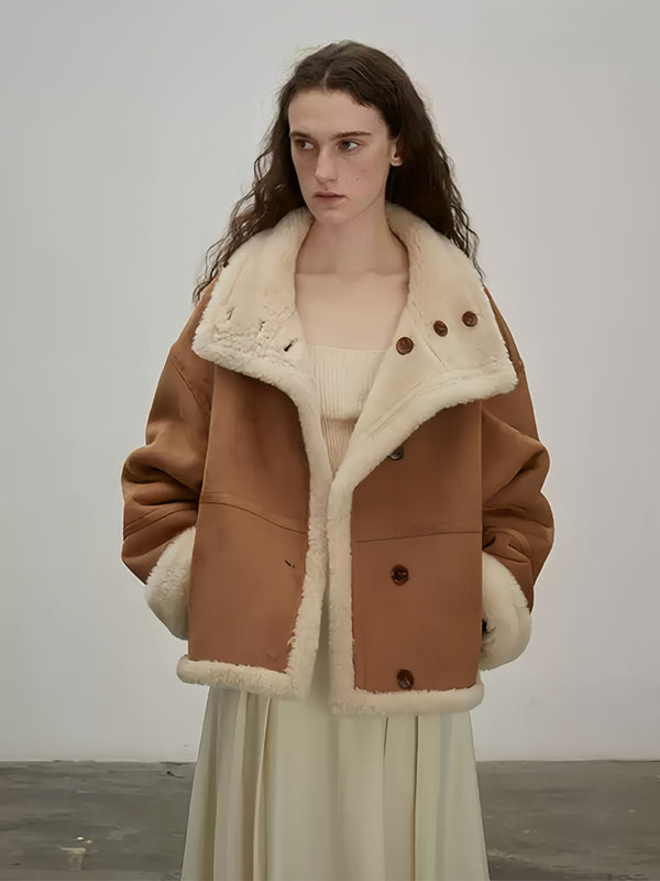 Reversible Moto Jacket for Women — Short Teddy Coat with New Zealand Sheepskin Shearling, Color-Block Suede & Premium PU Leather