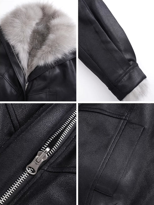 Women’s Reversible Suede Jacket with Raccoon Fur Collar | Short Winter Biker Coat