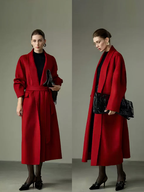 High-End Hepburn-Style Red Wool Coat for Women | Elegant Vintage Double-Faced Wool Overcoat for Christmas