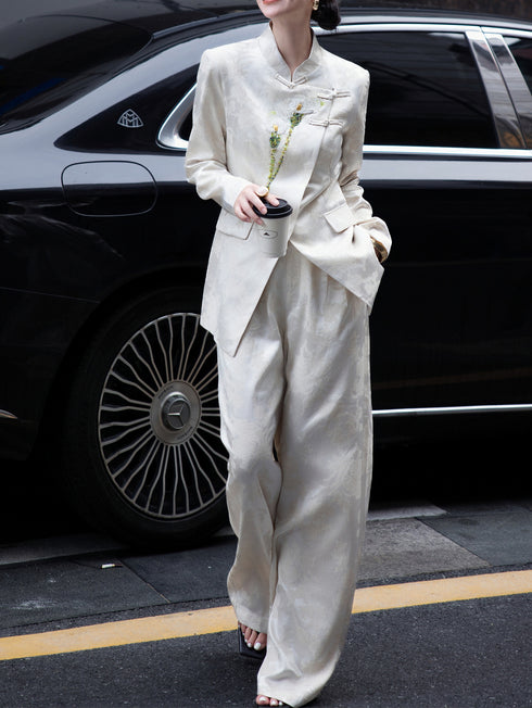 High-End Jacquard Suit Set – 3D Embroidered Blazer & Wide-Leg Pants