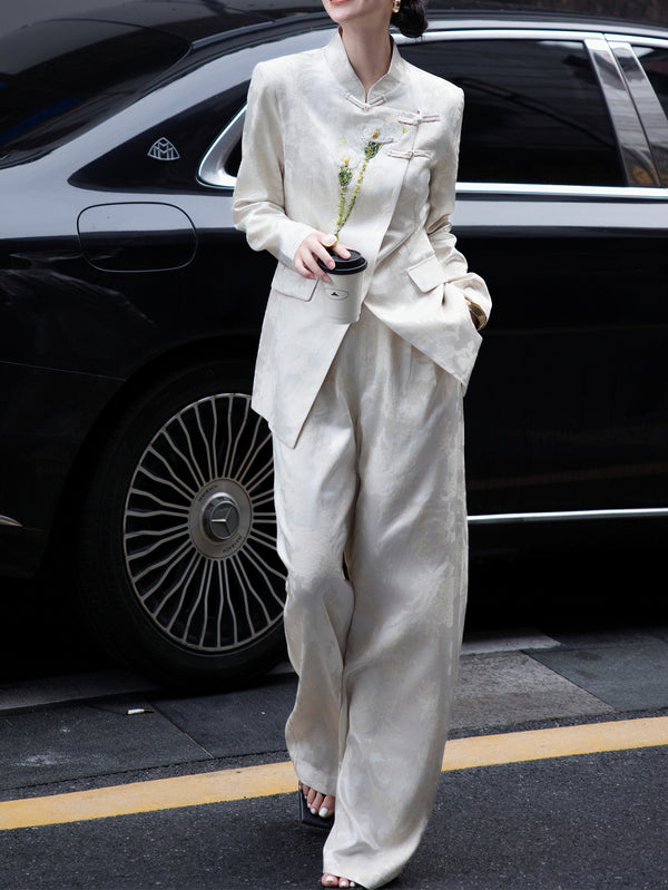 High-End Jacquard Suit Set – 3D Embroidered Blazer & Wide-Leg Pants