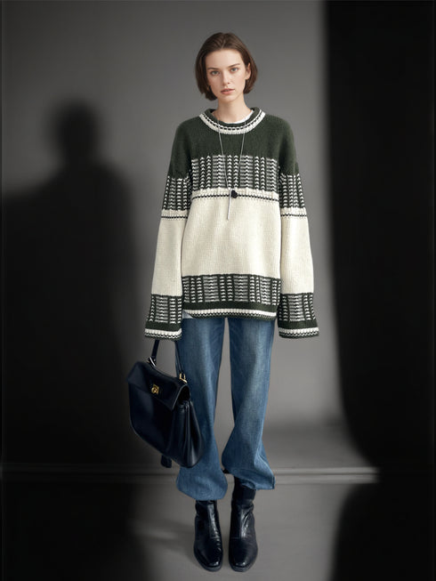 Women’s Mercerized Wool Fair Isle Knit Sweater | Color-Block Crew Neck Pullover
