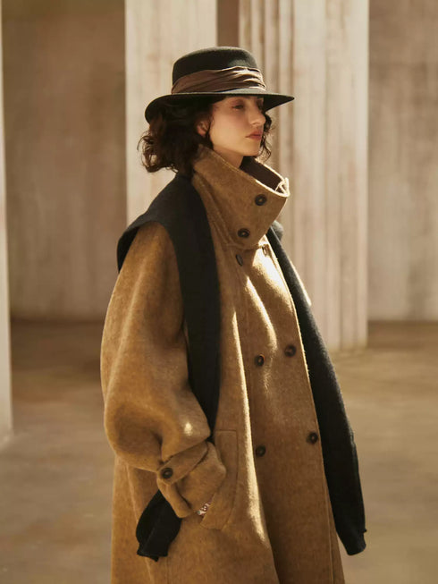 Vintage Double-Breasted Wool Cashmere Blend Coat for Women – Winter New Loose Silhouette, Mid-Length Double-Faced Wool Overcoat