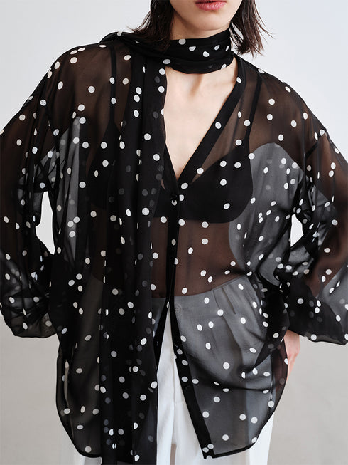 12MM Pure Mulberry Silk Polka Dot Chiffon Blouse | Irregular Hem Ribbon-Tie Women's Shirt