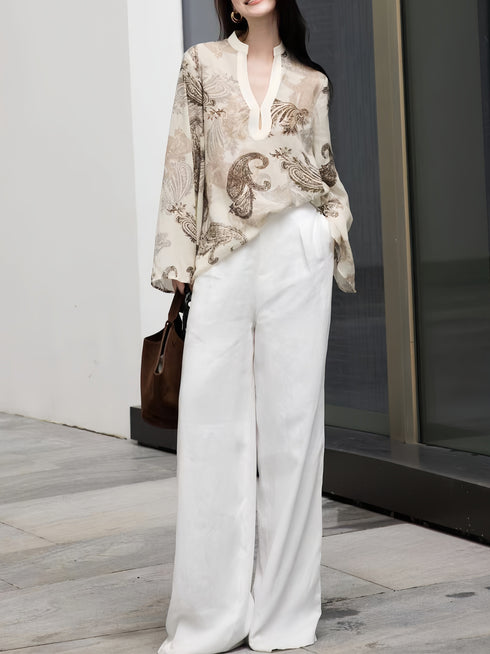Old Money Style 100% Linen Printed V-Neck Top & Casual Pants Set – Autumn New