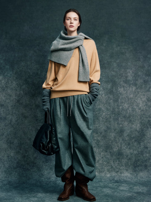 Contrast Trim Wool Cashmere Sweater for Women | Minimalist Loose Fit Ribbed Knit Top with Layered Effect