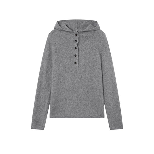 Cashmere Wool Brushed Hoodie Sweater | Henley-Neck Relaxed Fit Soft Cloud-Knit Pullover