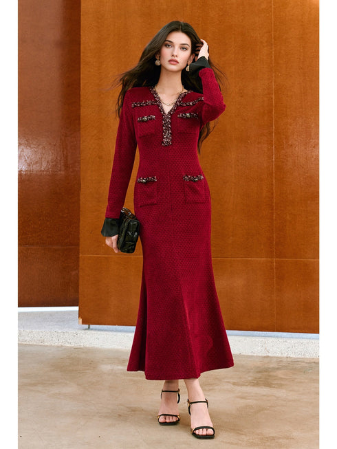 Heavyweight Silver Checkered Mermaid Dress – Waist-Cinching Little Black Dress Style with Custom Woven Detail