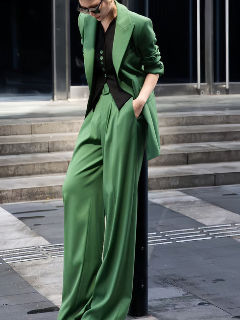 Luxury Custom Tailored Women's Suit Set | Designer Belted Vest, Blazer & Wide-Leg Trousers - Elegant Quiet Luxury Professional Three-Piece Outfit