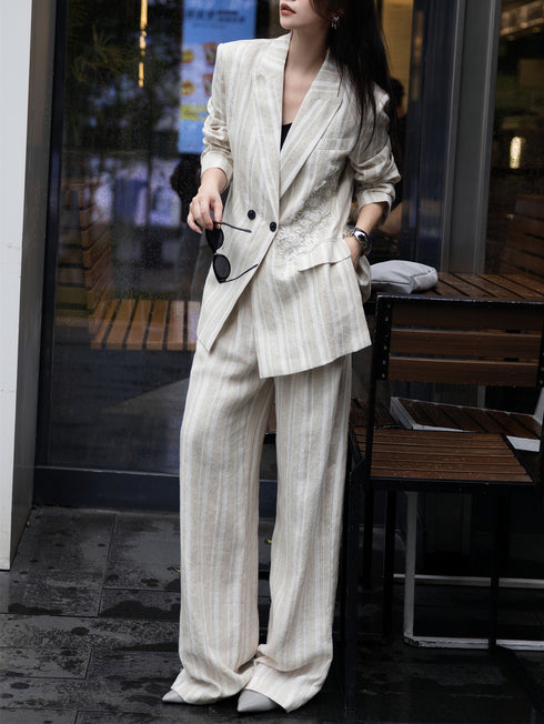 Retro Linen Beaded Short-Sleeve Shirt & Wide-Leg Pants Two-Piece Set