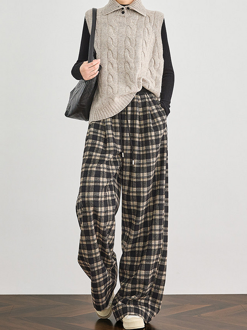 Women's Winter Mocha Plaid Patchwork Wool Wide-Leg Pants – Draped Casual Loose Straight Trousers