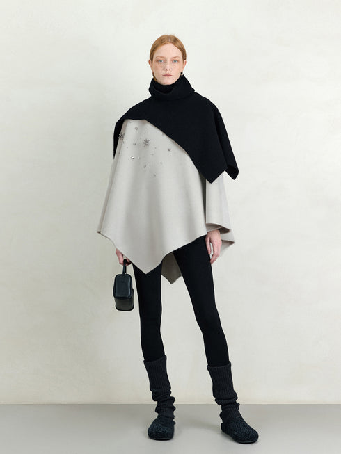 French Elegant Wool Cape Coat – New Winter Woolen Jacket with 3D Snowflake Beading