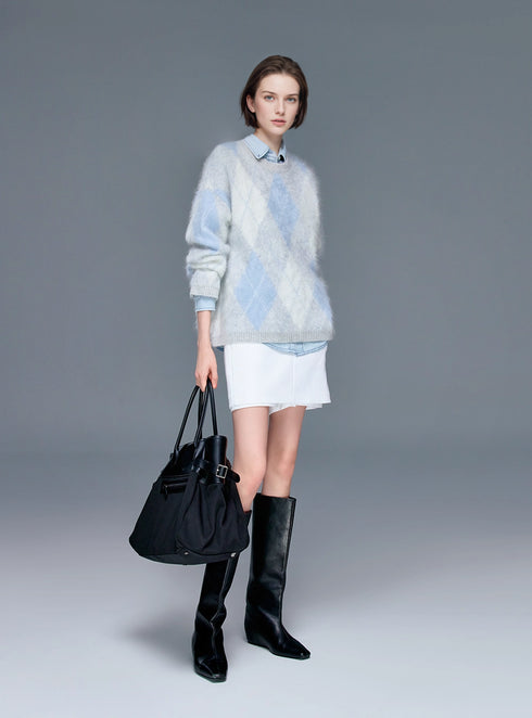 Brushed Cashmere Diamond-Pattern Crewneck Sweater for Women | Soft Long-Sleeve Knit in British-Inspired Style