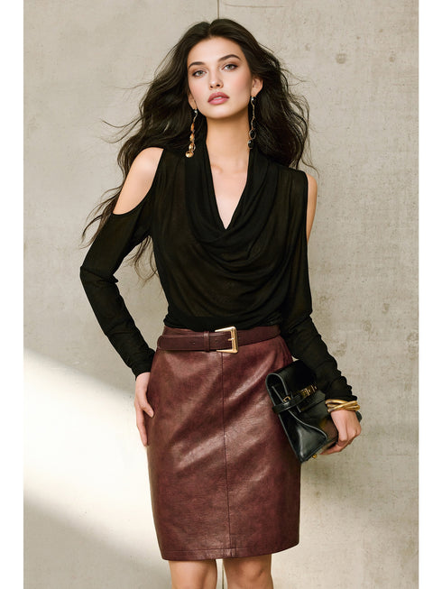 Silk Acetate Crinkle V-Neck Knit Top – Off-Shoulder Draped Design, Gathered Waist, Slimming Long Sleeve