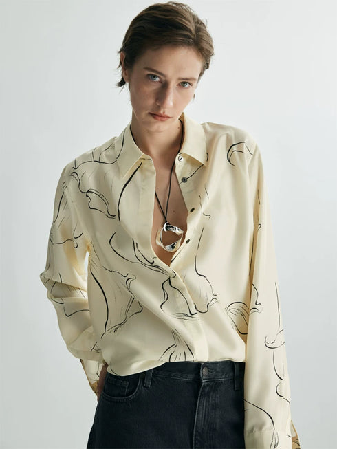 Women's Hand-Drawn Calla Lily Line Print Relaxed-Fit Silk Long-Sleeve Shirt – Mulberry Silk Office Blouse