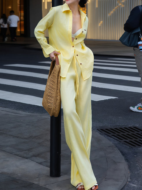 Simple Relaxed Linen Shirt & Pants Set – Early Fall Embroidered Sun Protection Two-Piece Outfit