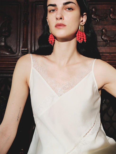 Smooth Satin Weave French Lace Trim Asymmetric Cut Cami Top / Skirt Set