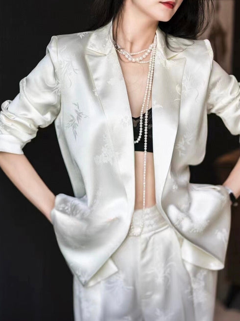 Acetate Fiber Jacquard Loose Suit Jacket + Wide-Leg Pants Old Money Style Two-Piece Set