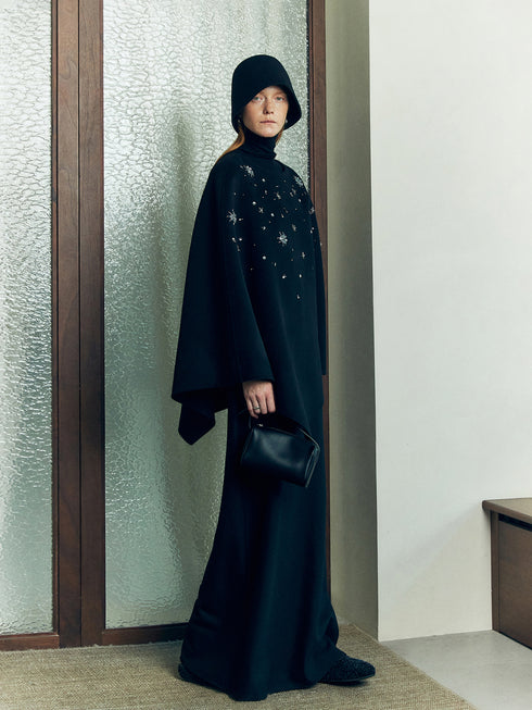 French Elegant Wool Cape Coat – New Winter Woolen Jacket with 3D Snowflake Beading