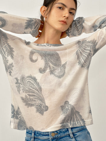 Hand-Painted Cashew Flower Print Wool Sweater – 16-Gauge Fine Knit Pullover with Waist Floral Design for Women