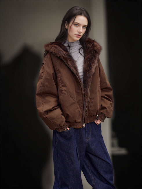 Women’s Short Down Parka with Raccoon Fur Hood | Winter Warm Puffer Jacket
