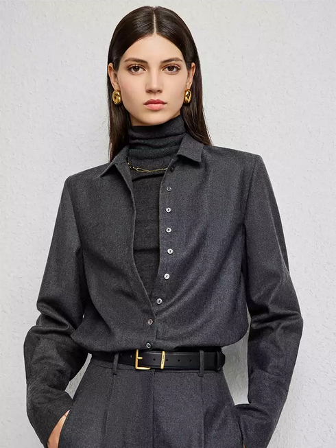 Women's Minimalist Italian Wool Flannel Button-Down Shirt – Soft Brushed Fine Wool Style