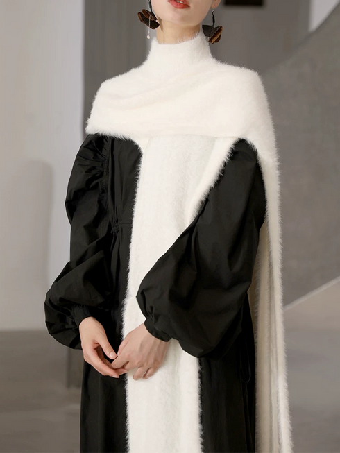 Women's Half-Turtleneck Knit Poncho with Asymmetric Hem and Fringe – Cozy Open-Front Sweater Cape