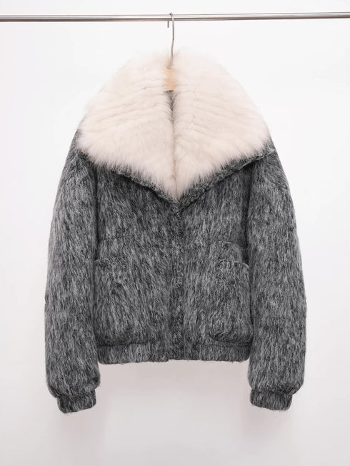 Women’s Wool-Blend Down Coat with Fox Fur Collar | 90% White Goose Down Winter Jacket