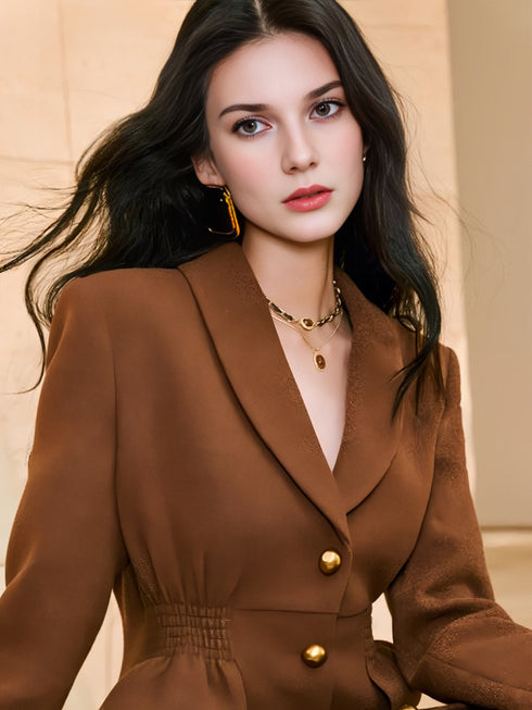 Natural Brushed-Wool Single-Face Coat Dress with Quiet-Luxury Shawl Collar and Metallic Button Waist Detail