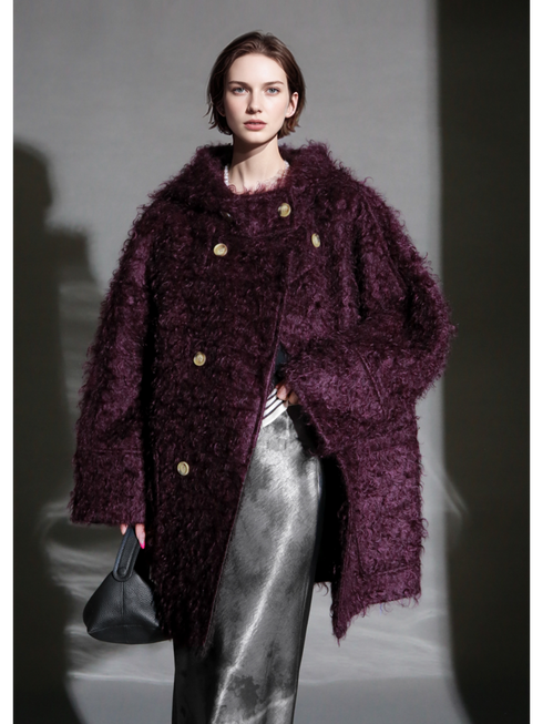 Cloud Plush Hooded Mohair Wool Coat for Women – Double-Faced Teddy Textured Wool Overcoat, Soft and Warm Winter Outerwear
