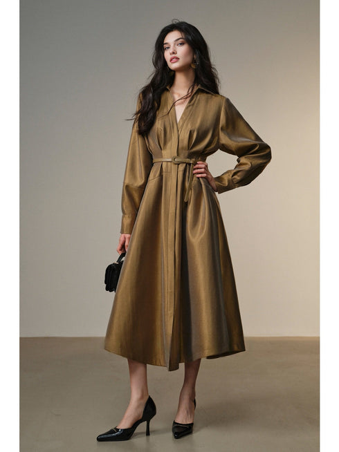 Lustrous Silk Brocade Shirt Dress – Structured Waistband, Full Skirt, Available in Long & Short Styles