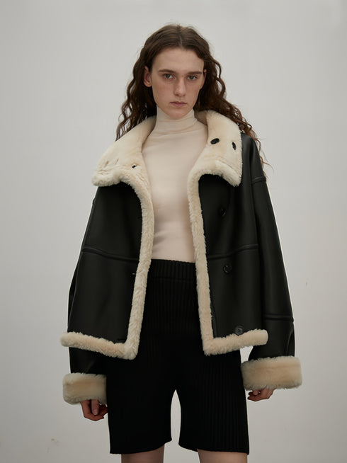 Reversible Moto Jacket for Women — Short Teddy Coat with New Zealand Sheepskin Shearling, Color-Block Suede & Premium PU Leather