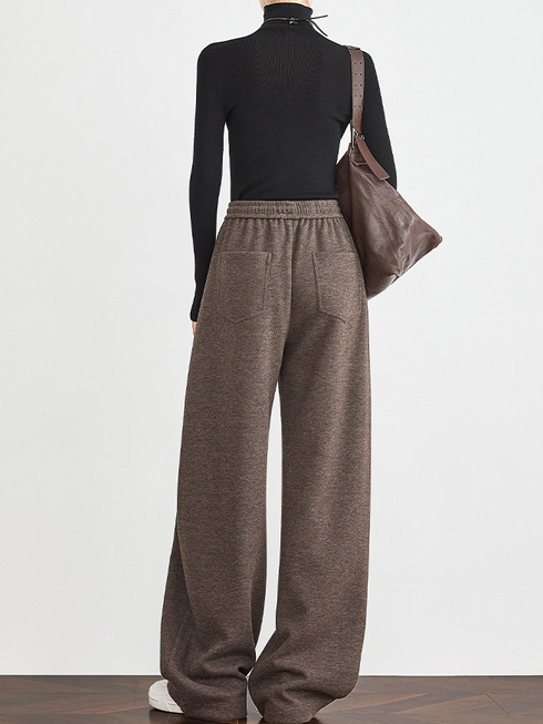 Women's Mocha Brown Wool Sweatpants – Thick Winter Old-Money Style Curved-Leg Athletic Trousers