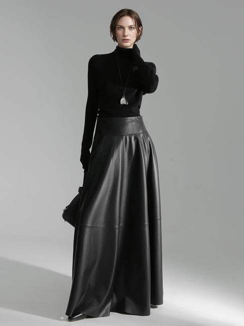 Luxury Black Genuine Sheepskin Midi Skirt – High Waist A-Line Leather Flared Skirt for Women