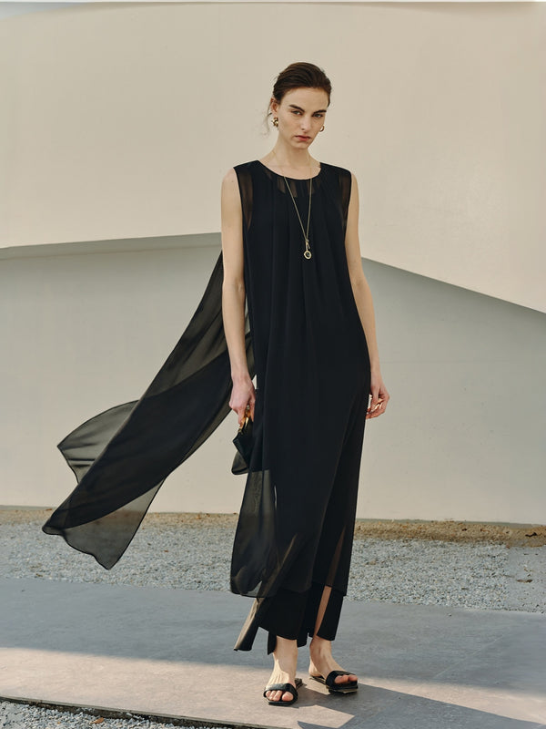 Custom-Dyed Silk Chiffon and Japanese Triacetate Satin Sleeveless Dress with Fluid Drape