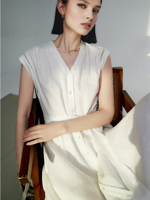 Pure Linen Midi Dress – 100% Natural, Breezy & Timeless