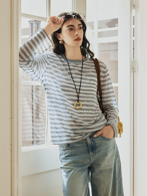 French Sheer Breton Knit Top – Lightweight Linen Lyocell Blend, Breathable & Relaxed Fit