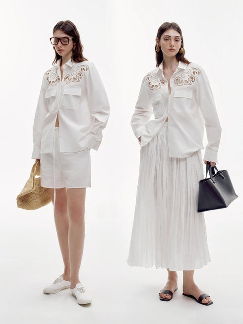 Luxury French Hollow Embroidered Cotton Blouse – Refined Craftsmanship, Elegant Summer Shirt
