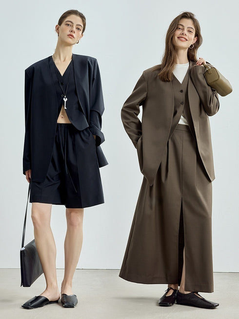 Fine Wool Blazer, Vest, Shorts & Skirt Set – Light Luxury Early Autumn Ensemble (Sold Separately)
