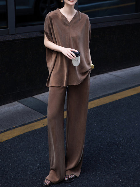 Women’s Cupro Silk Two-Piece Set – Lace-Up Sleeveless Top & Loose Casual Pants