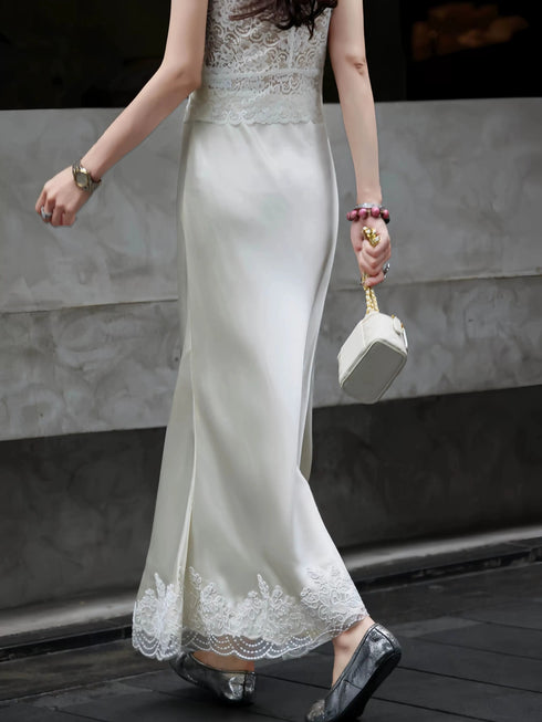 Acetate Satin Lace-Trim Bias-Cut Mermaid Midi Skirt – Elegant High-Waisted Fishtail Skirt