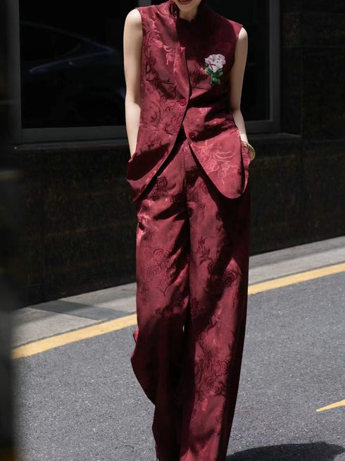 Acetate Jacquard Vest + Wide-Leg Pants Set