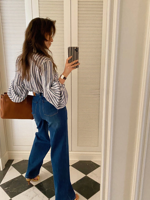 Vintage Blue Striped Long Sleeve Shirt for Women2025Summer New,Unique Design with a Sense of Sophistication and Casual Style