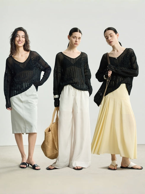 Cutout Thin Knit Cardigan & Sheer Crochet Blouse with Paper Yarn T-Shirt – Metal-Free Accessories
