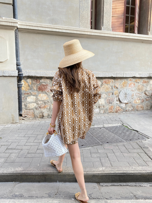 Vintage Style Brown Print Suit for Women2025New,Vacation Long Sleeve Shirt and Shorts Two-Piece Set