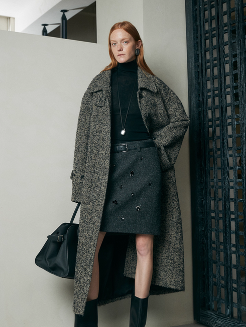 Australian Wool Blend Beaded Pencil Skirt – Hand-Embellished, Custom-Dyed Brown Woolen Midi Skirt